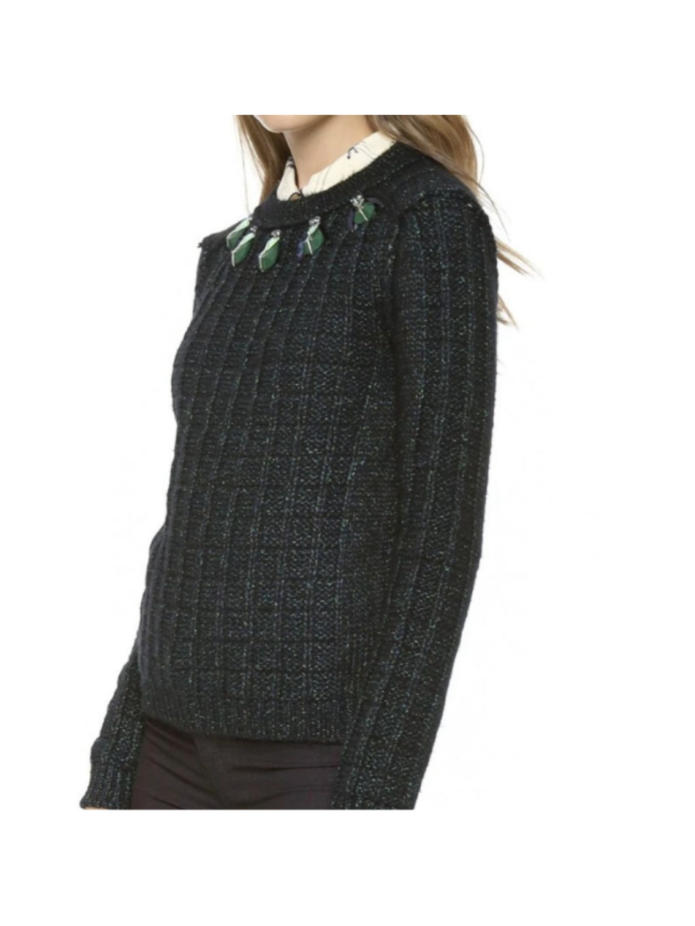Tory Burch Lucy Metallic Green Beatle Embellish Sweater Size S Wool Cotton Blend - Picture 2 of 11